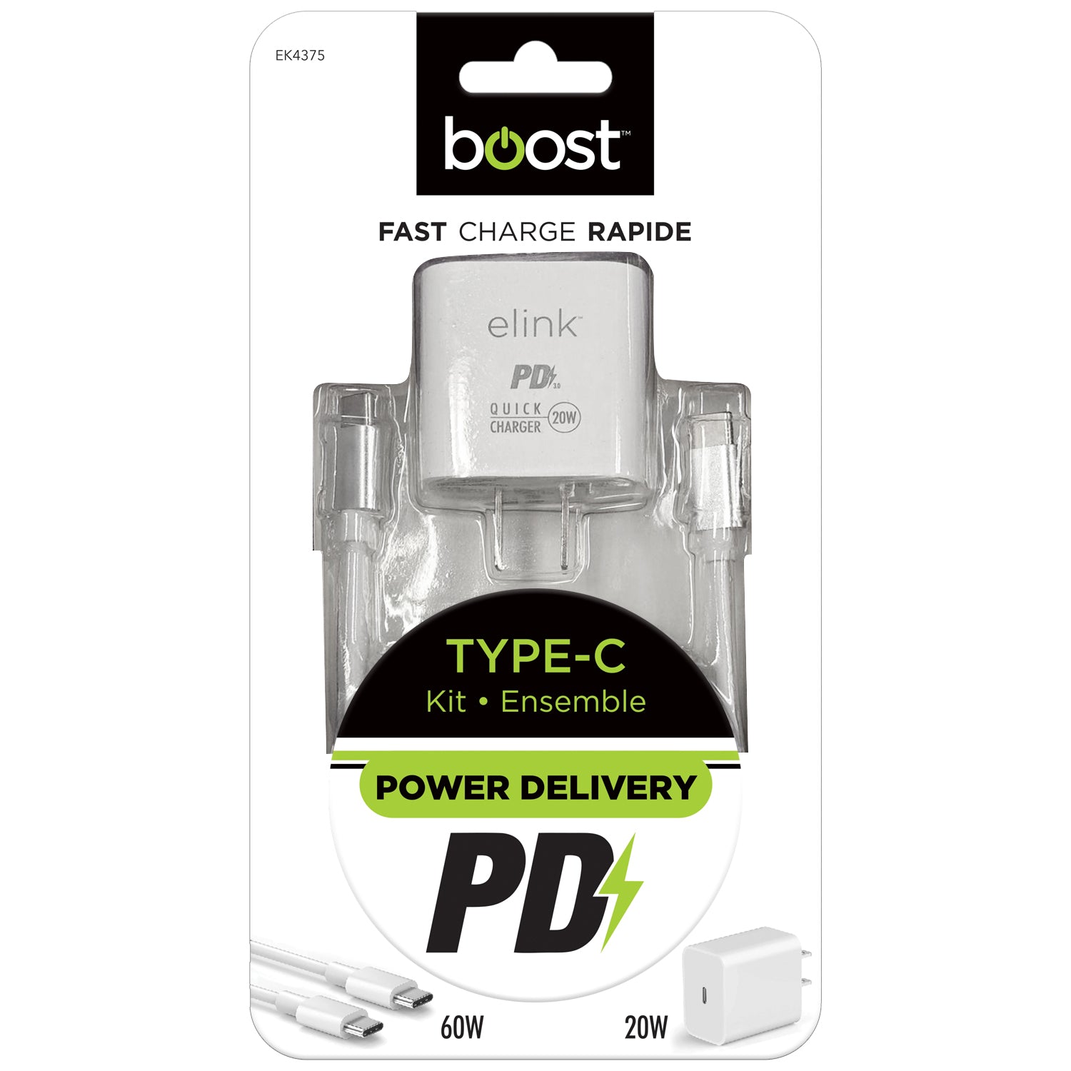 Boost Chargeur Mural USB-C 20 W avec Câble USB-C à USB-C 60 W de 6,6 pi, Charge Rapide, Blanc - Simple Boutique