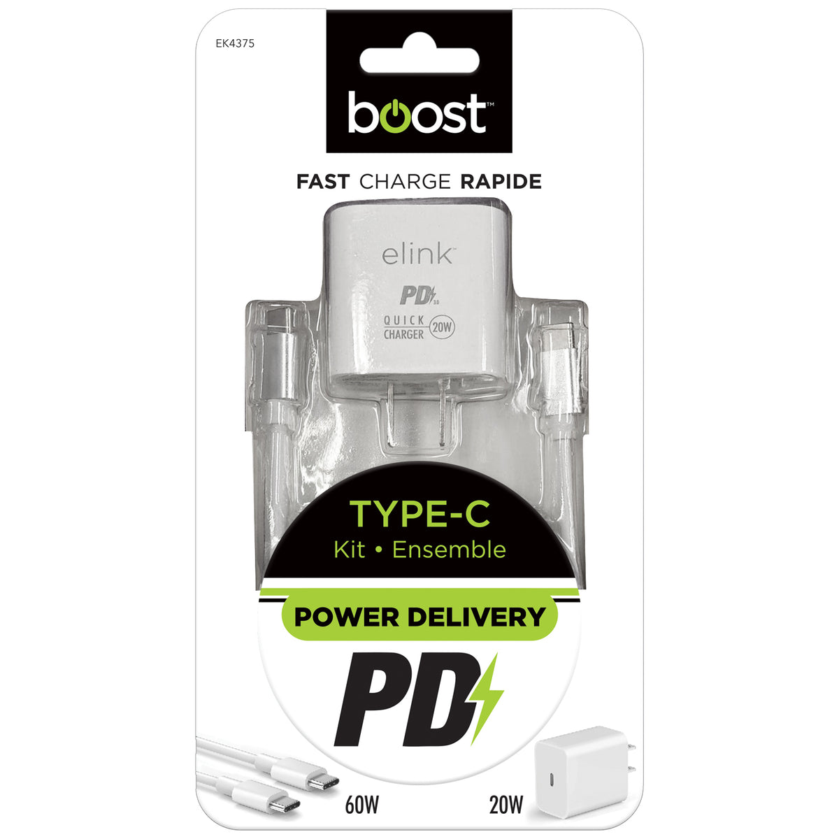 Boost Chargeur Mural USB-C 20 W avec Câble USB-C à USB-C 60 W de 6,6 pi, Charge Rapide, Blanc - Simple Boutique