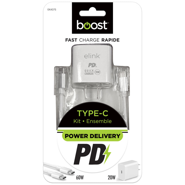 Boost Chargeur Mural USB-C 20 W avec Câble USB-C à USB-C 60 W de 6,6 pi, Charge Rapide, Blanc - Simple Boutique