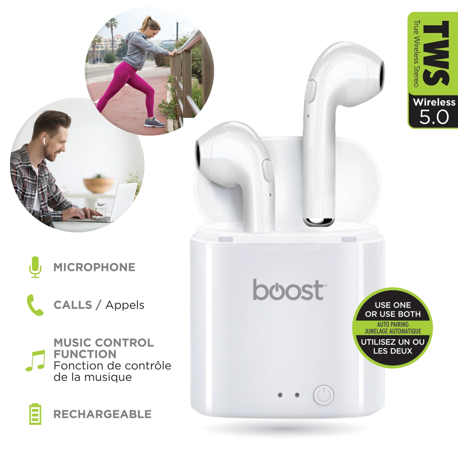 Boost Écouteurs Sans Fil avec Étui de Charge et Jumelage Automatique, Blanc - Simple Boutique