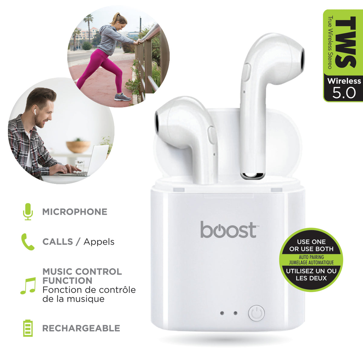 Boost Écouteurs Sans Fil avec Étui de Charge et Jumelage Automatique, Blanc - Simple Boutique