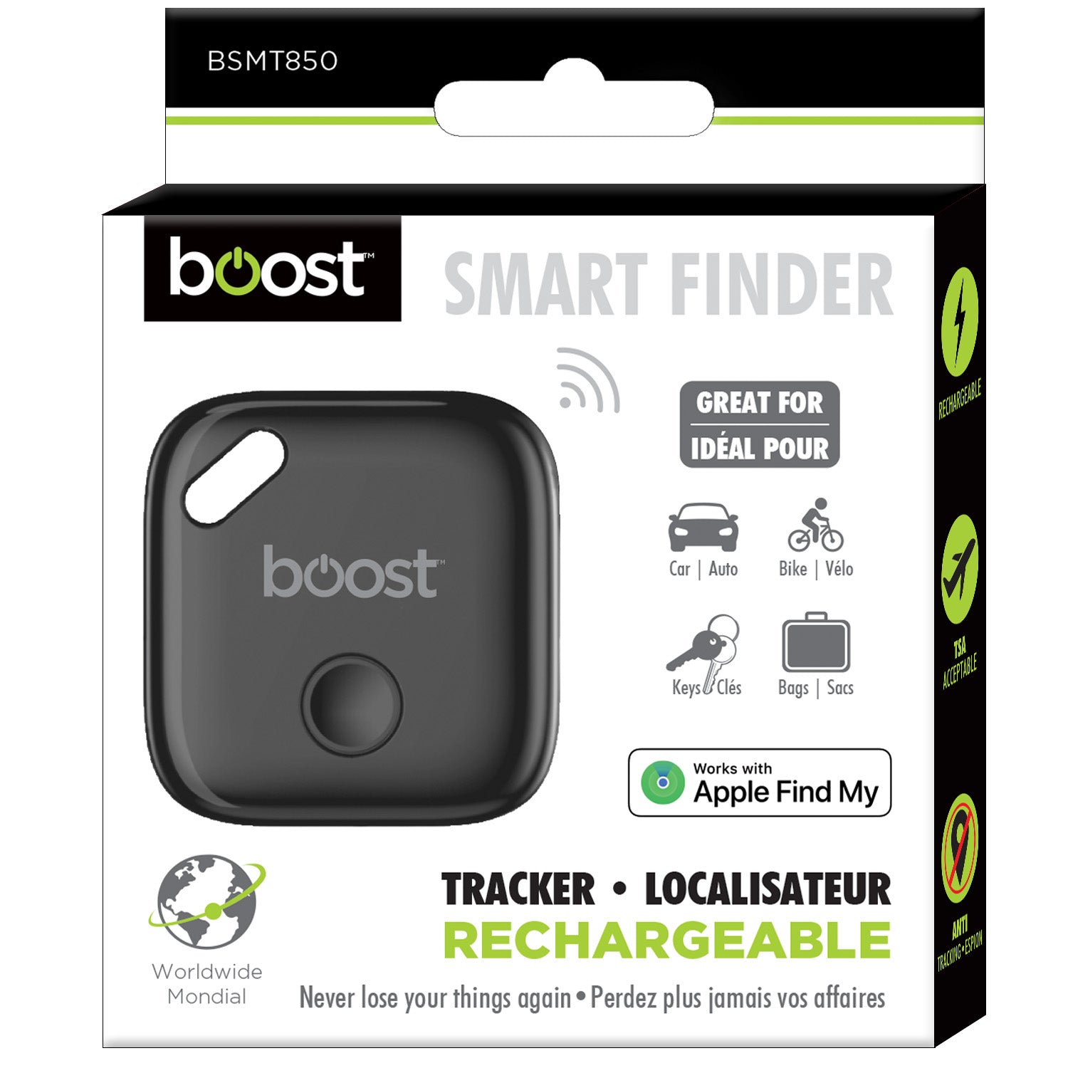 Boost Localisateur d'Objets Rechargeable pour iPhone avec Anti-Pistage, Accepté par la TSA, Noir - Simple Boutique