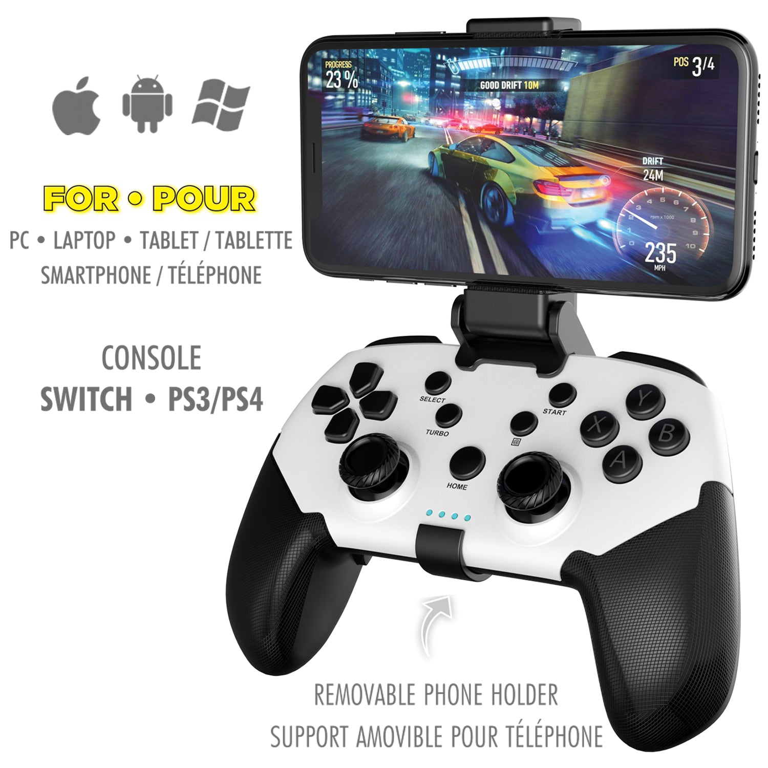 Boost Manette de Jeu Sans Fil avec Support de Téléphone pour iOS, Android, PC et Switch, Blanc et Noir - Simple Boutique