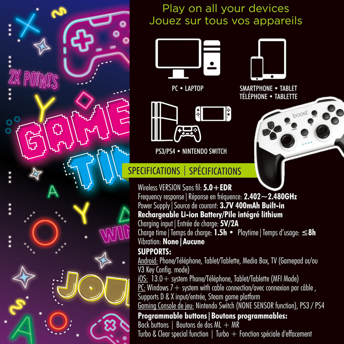 Boost Manette de Jeu Sans Fil avec Support de Téléphone pour iOS, Android, PC et Switch, Blanc et Noir - Simple Boutique