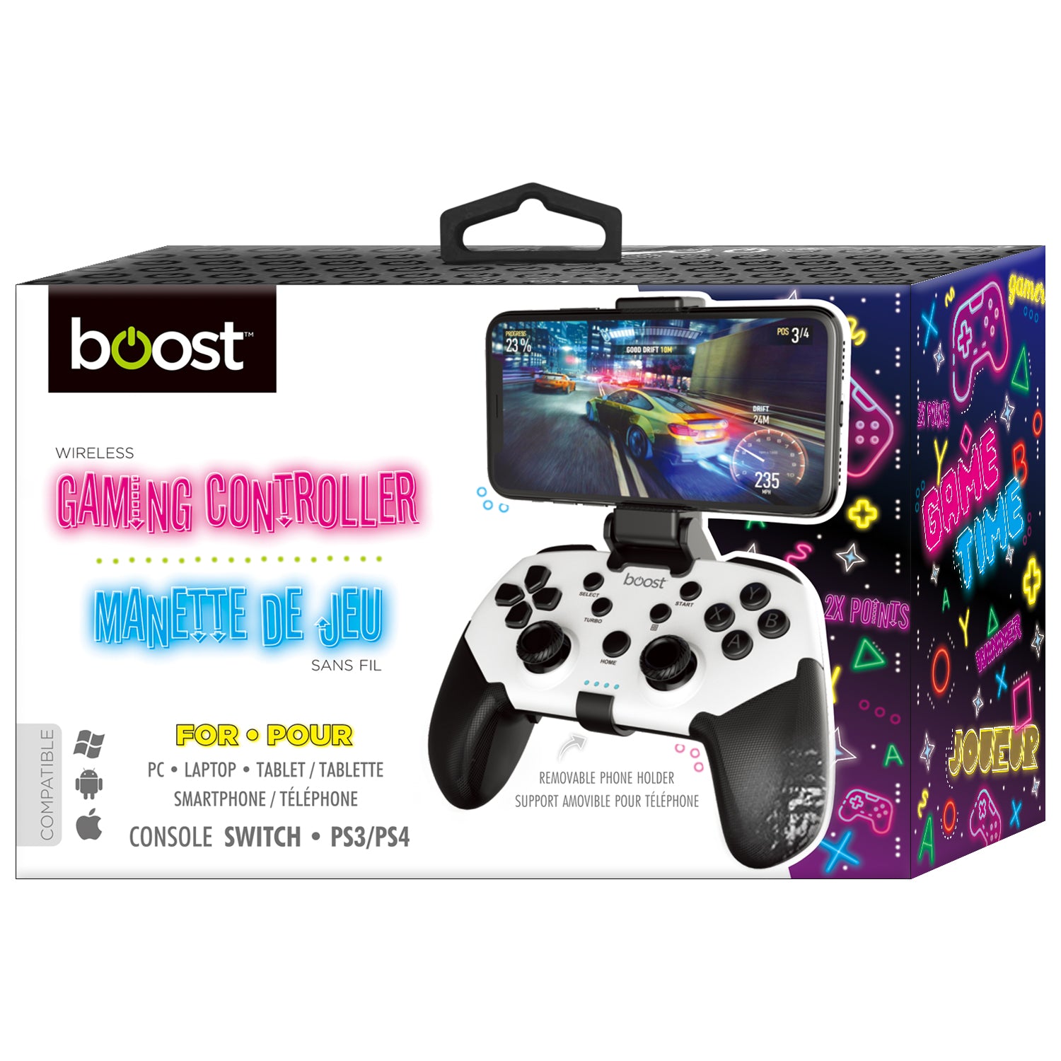 Boost Manette de Jeu Sans Fil avec Support de Téléphone pour iOS, Android, PC et Switch, Blanc et Noir - Simple Boutique