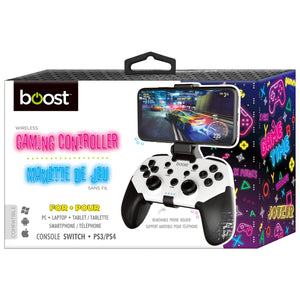 Boost Manette de Jeu Sans Fil avec Support de Téléphone pour iOS, Android, PC et Switch, Blanc et Noir - Simple Boutique