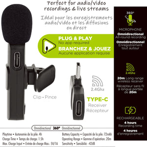 Boost Microphone Sans Fil à Pince Rechargeable pour Téléphone USB-C, Noir - Simple Boutique