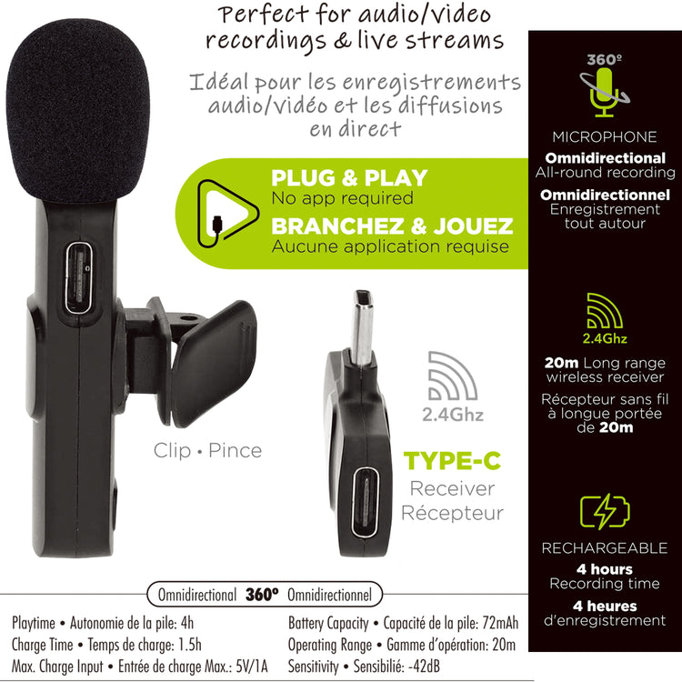 Boost Microphone Sans Fil à Pince Rechargeable pour Téléphone USB-C, Noir - Simple Boutique