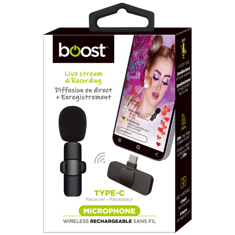Boost Microphone Sans Fil à Pince Rechargeable pour Téléphone USB-C, Noir - Simple Boutique