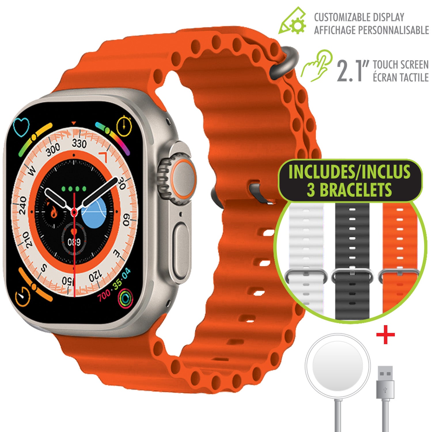 Boost Montre Intelligente à Écran Tactile 2,1 po avec Appels, Notifications et Bracelets Blanc, Noir et Orange - Simple Boutique