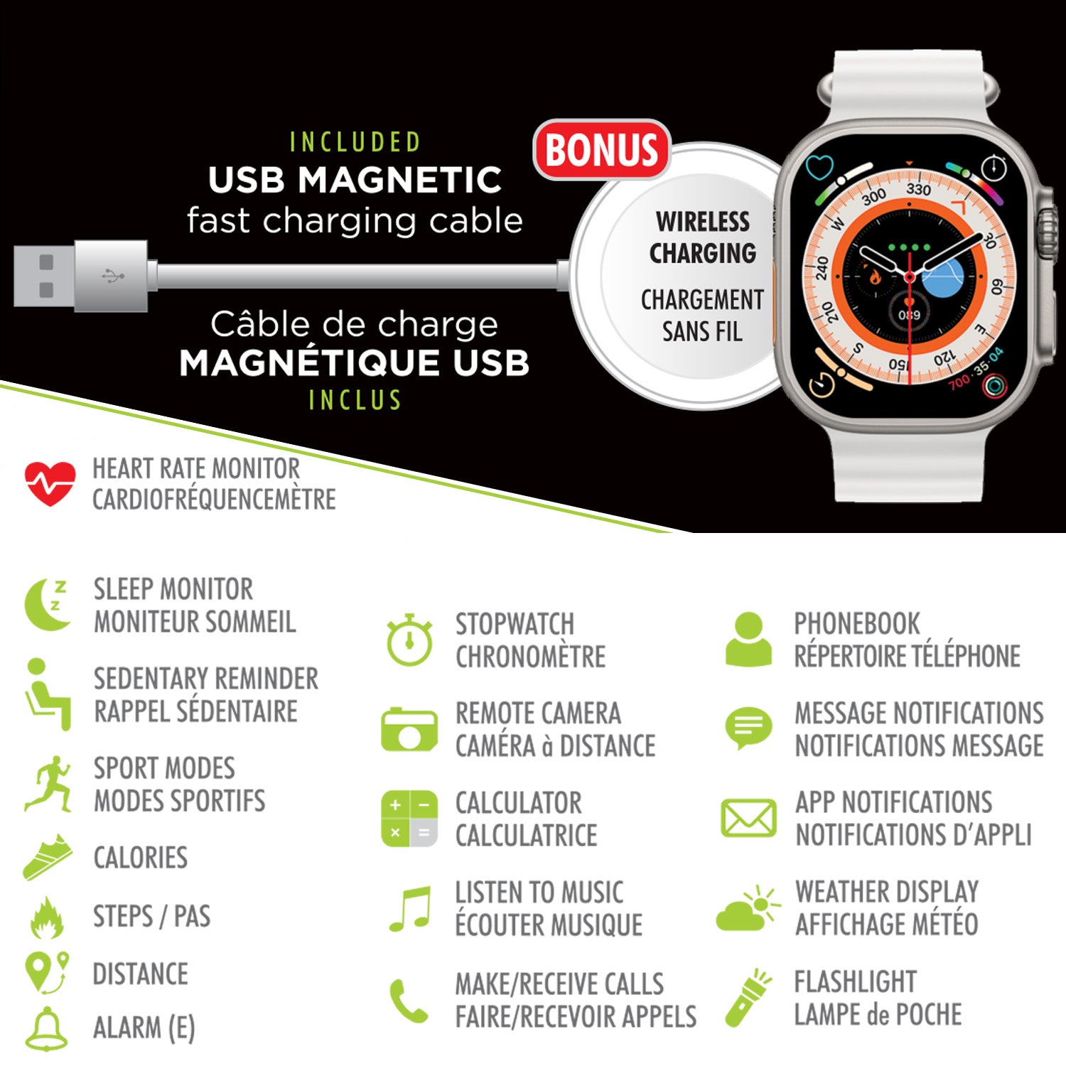 Boost Montre Intelligente à Écran Tactile 2,1 po avec Appels, Notifications et Bracelets Blanc, Noir et Orange - Simple Boutique
