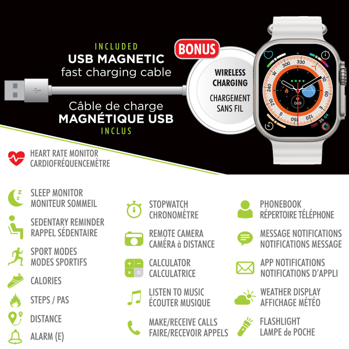 Boost Montre Intelligente à Écran Tactile 2,1 po avec Appels, Notifications et Bracelets Blanc, Noir et Orange - Simple Boutique