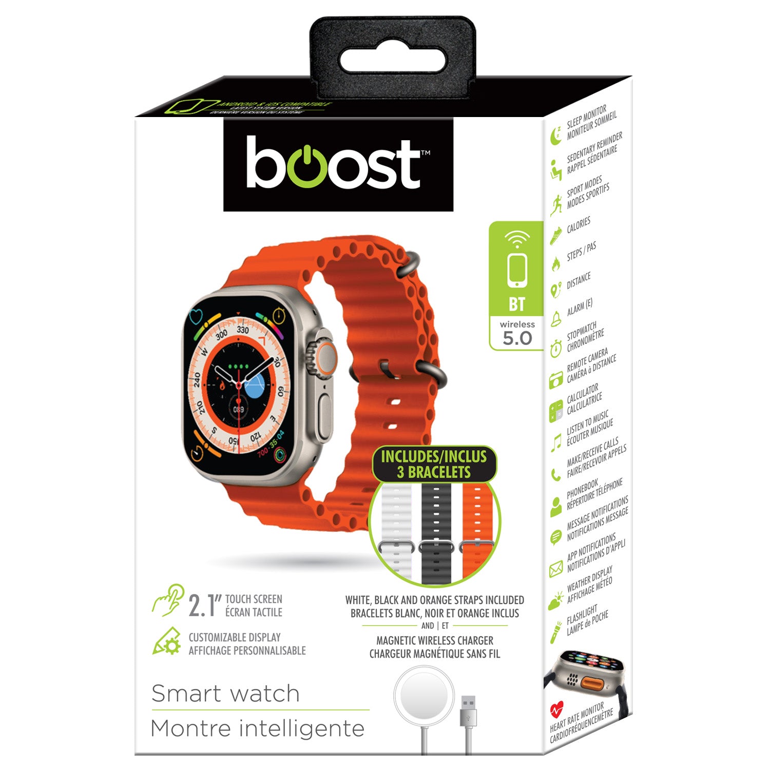 Boost Montre Intelligente à Écran Tactile 2,1 po avec Appels, Notifications et Bracelets Blanc, Noir et Orange - Simple Boutique
