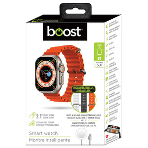 Boost Montre Intelligente à Écran Tactile 2,1 po avec Appels, Notifications et Bracelets Blanc, Noir et Orange - Simple Boutique