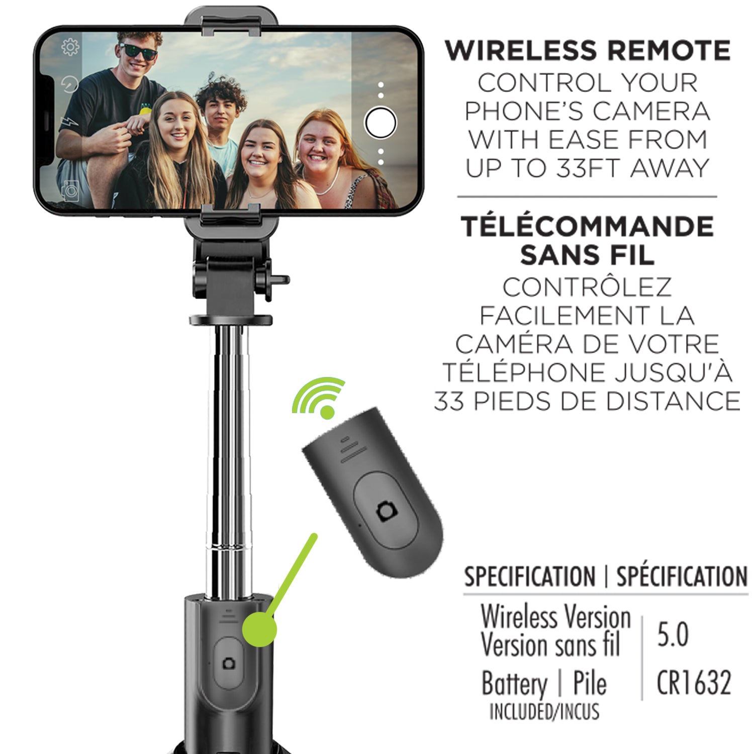 Boost Perche à Selfie et Trépied Télescopique avec Télécommande Sans Fil, Noir - Simple Boutique
