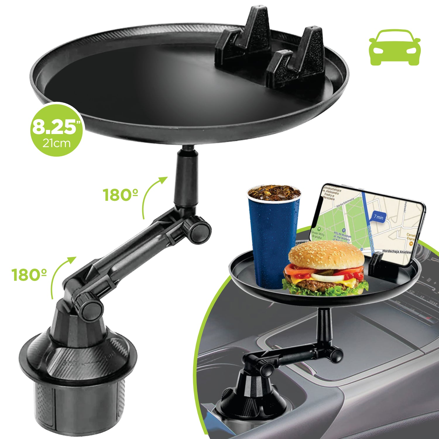 Boost Plateau pour Porte-Gobelet d'Auto avec Support de Téléphone, Pivotant, Noir - Simple Boutique