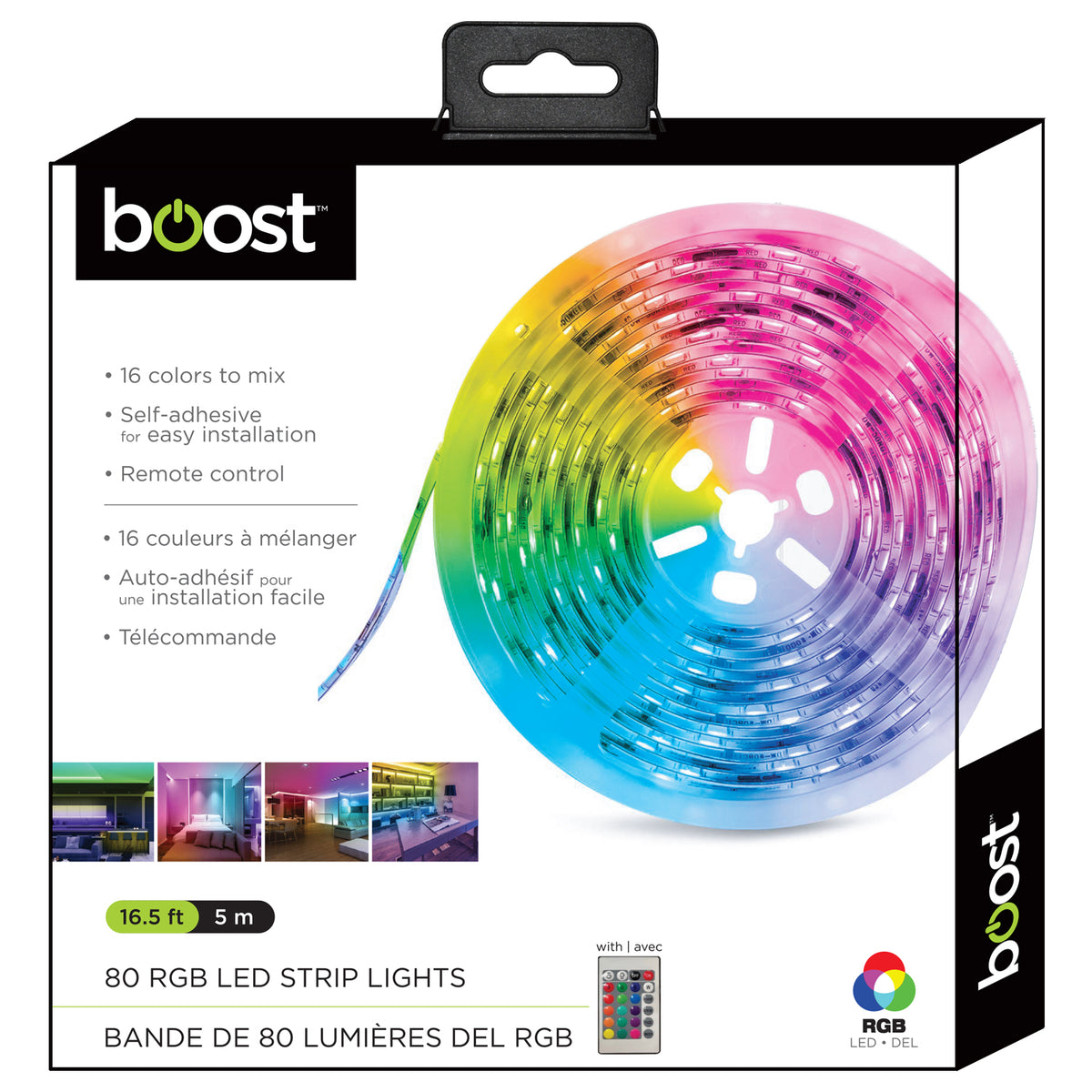 Boost Ruban DEL RVB 5 m, 16,5 pi, avec télécommande, autocollant - Simple Boutique