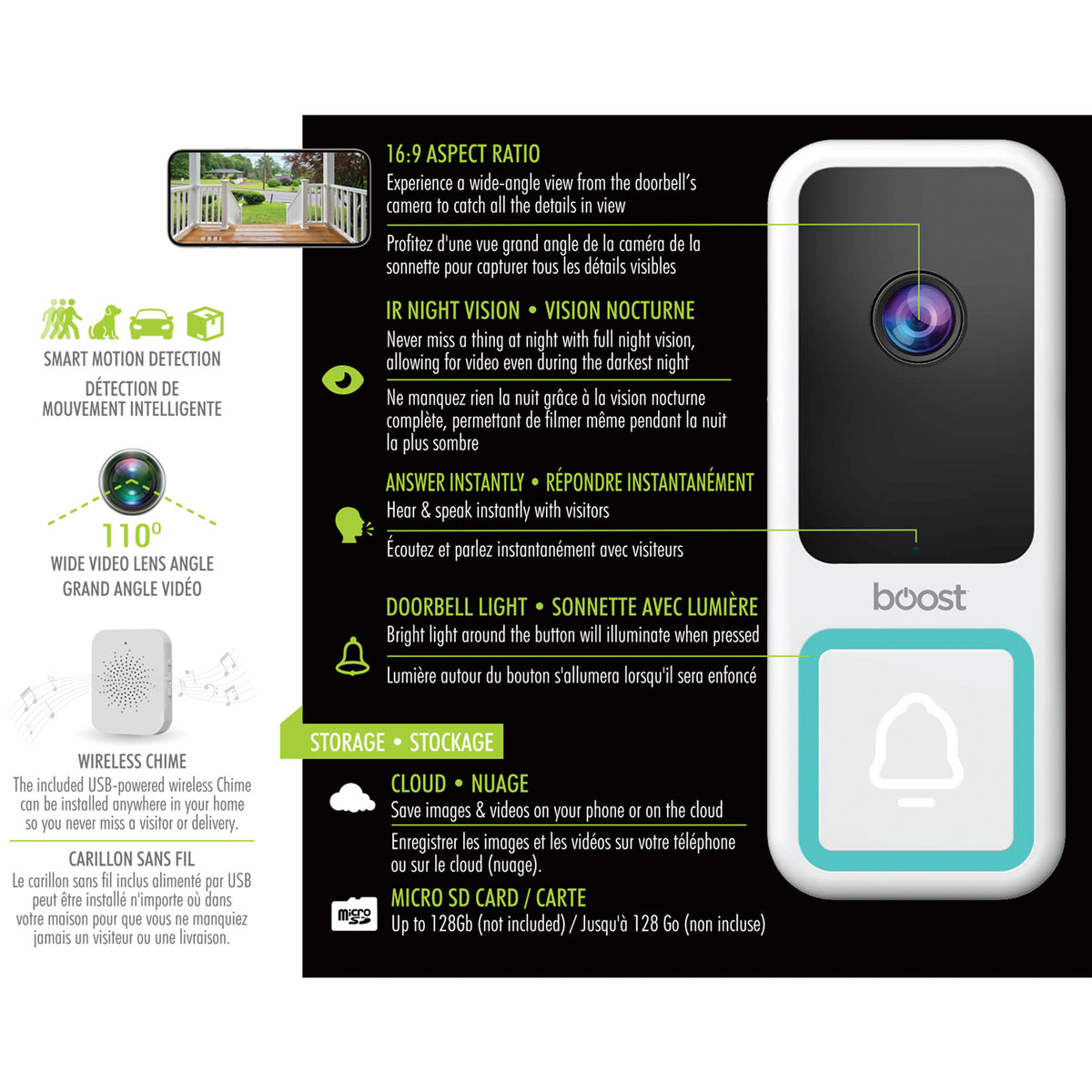 Boost Sonnette Vidéo Intelligente Wi-Fi 1080p Filaire avec Carillon Sans Fil et Pare-Intempéries, Blanc - Simple Boutique