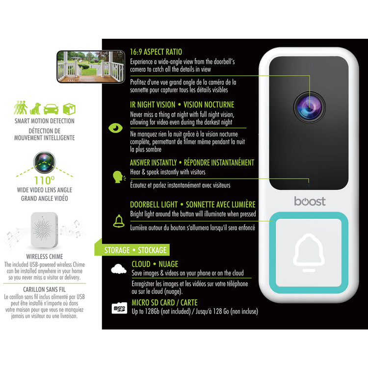 Boost Sonnette Vidéo Intelligente Wi-Fi 1080p Filaire avec Carillon Sans Fil et Pare-Intempéries, Blanc - Simple Boutique