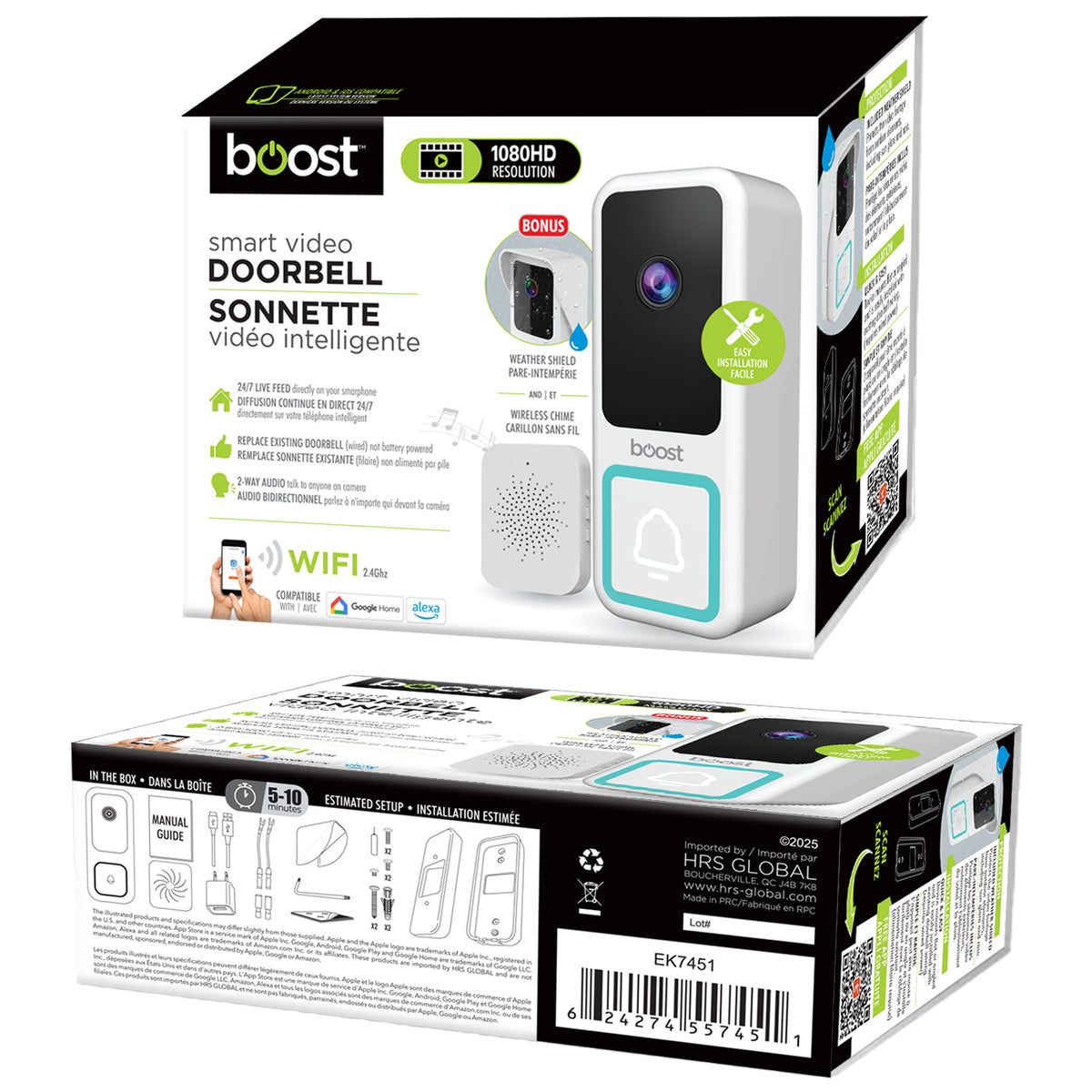 Boost Sonnette Vidéo Intelligente Wi-Fi 1080p Filaire avec Carillon Sans Fil et Pare-Intempéries, Blanc - Simple Boutique