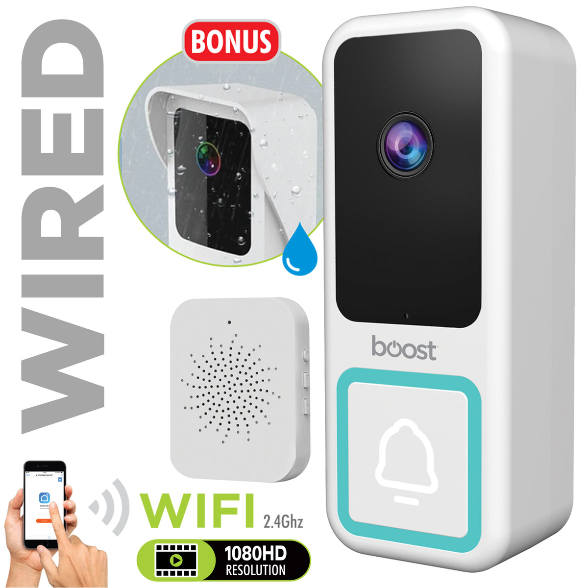 Boost Sonnette Vidéo Intelligente Wi-Fi 1080p Filaire avec Carillon Sans Fil et Pare-Intempéries, Blanc - Simple Boutique