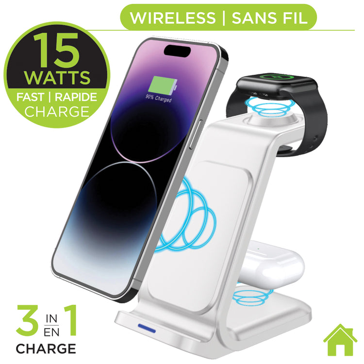 Boost Station de Recharge Sans Fil 3 en 1 pour Téléphone, Montre et Écouteurs, 15 W, Blanc - Simple Boutique