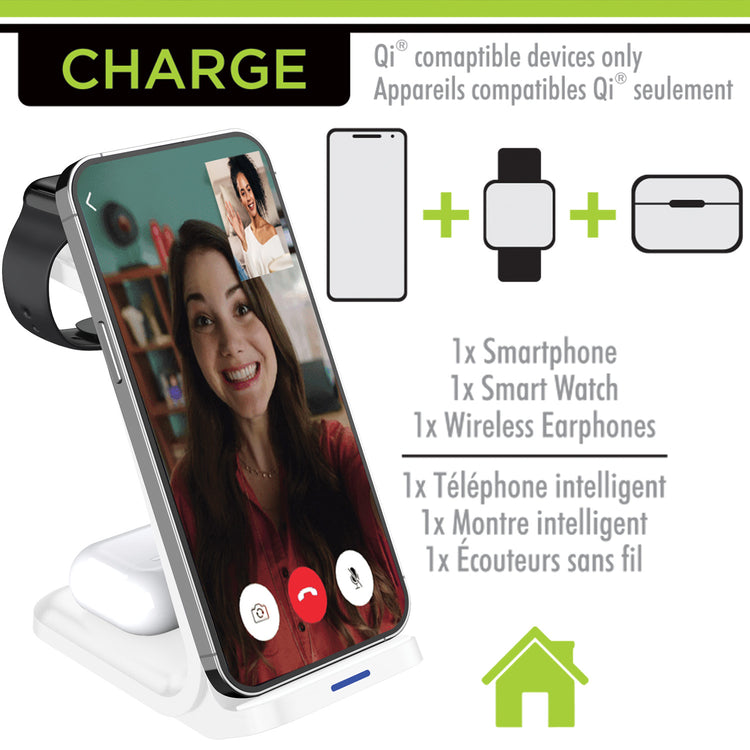 Boost Station de Recharge Sans Fil 3 en 1 pour Téléphone, Montre et Écouteurs, 15 W, Blanc - Simple Boutique
