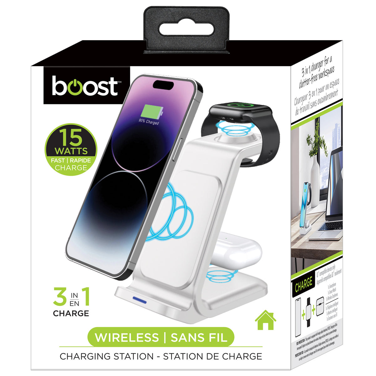 Boost Station de Recharge Sans Fil 3 en 1 pour Téléphone, Montre et Écouteurs, 15 W, Blanc - Simple Boutique