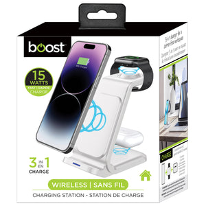 Boost Station de Recharge Sans Fil 3 en 1 pour Téléphone, Montre et Écouteurs, 15 W, Blanc - Simple Boutique