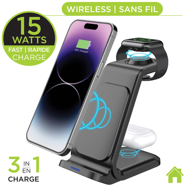 Boost Station de Recharge Sans Fil 3 en 1 pour Téléphone, Montre et Écouteurs, 15 W, Noir - Simple Boutique