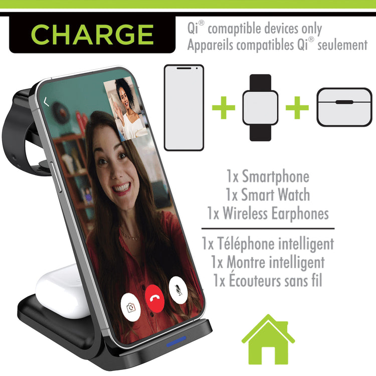 Boost Station de Recharge Sans Fil 3 en 1 pour Téléphone, Montre et Écouteurs, 15 W, Noir - Simple Boutique