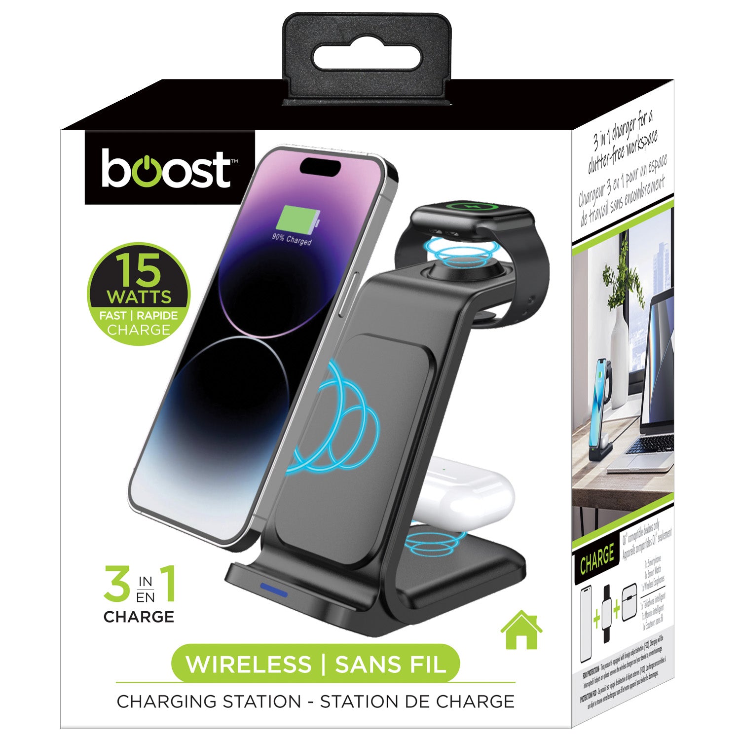 Boost Station de Recharge Sans Fil 3 en 1 pour Téléphone, Montre et Écouteurs, 15 W, Noir - Simple Boutique