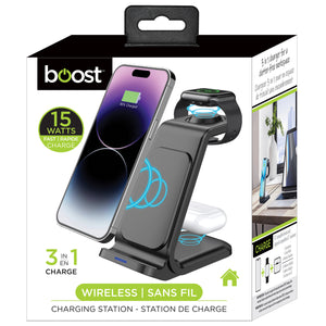 Boost Station de Recharge Sans Fil 3 en 1 pour Téléphone, Montre et Écouteurs, 15 W, Noir - Simple Boutique