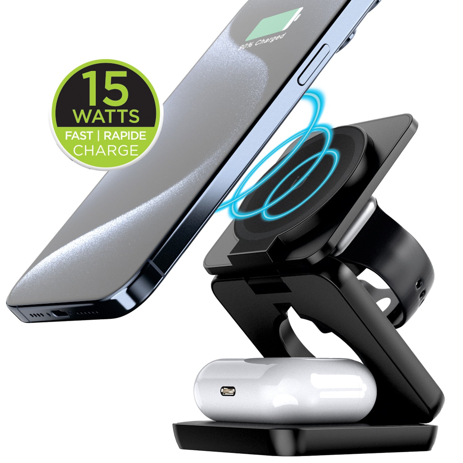 Boost Station de Recharge Sans Fil Magnétique Pliable 3 en 1, 15 W, avec Étui de Voyage, Noir - Simple Boutique