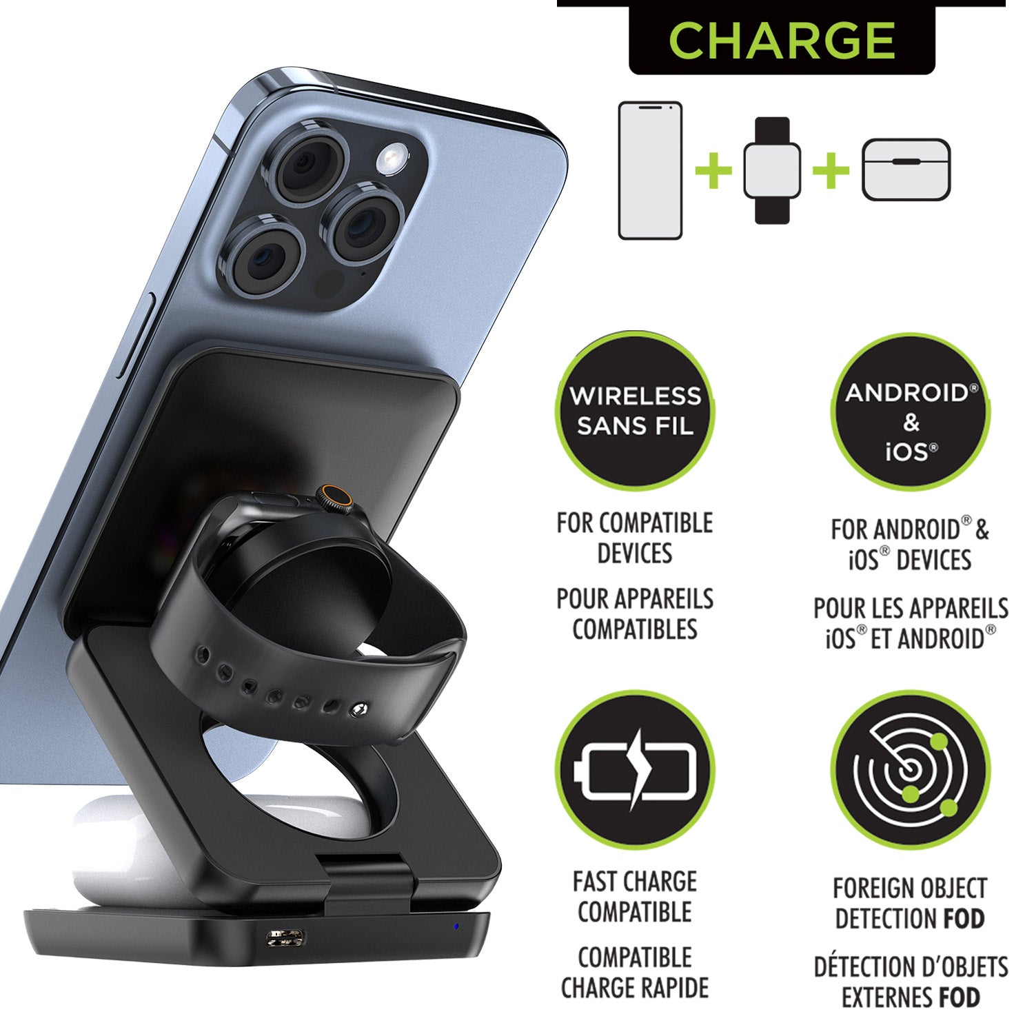 Boost Station de Recharge Sans Fil Magnétique Pliable 3 en 1, 15 W, avec Étui de Voyage, Noir - Simple Boutique
