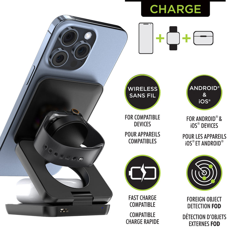 Boost Station de Recharge Sans Fil Magnétique Pliable 3 en 1, 15 W, avec Étui de Voyage, Noir - Simple Boutique