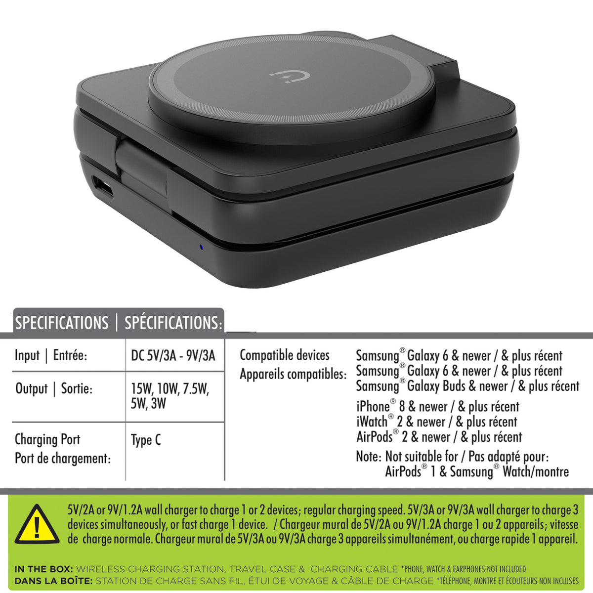 Boost Station de Recharge Sans Fil Magnétique Pliable 3 en 1, 15 W, avec Étui de Voyage, Noir - Simple Boutique