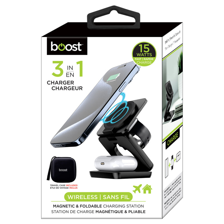 Boost Station de Recharge Sans Fil Magnétique Pliable 3 en 1, 15 W, avec Étui de Voyage, Noir - Simple Boutique
