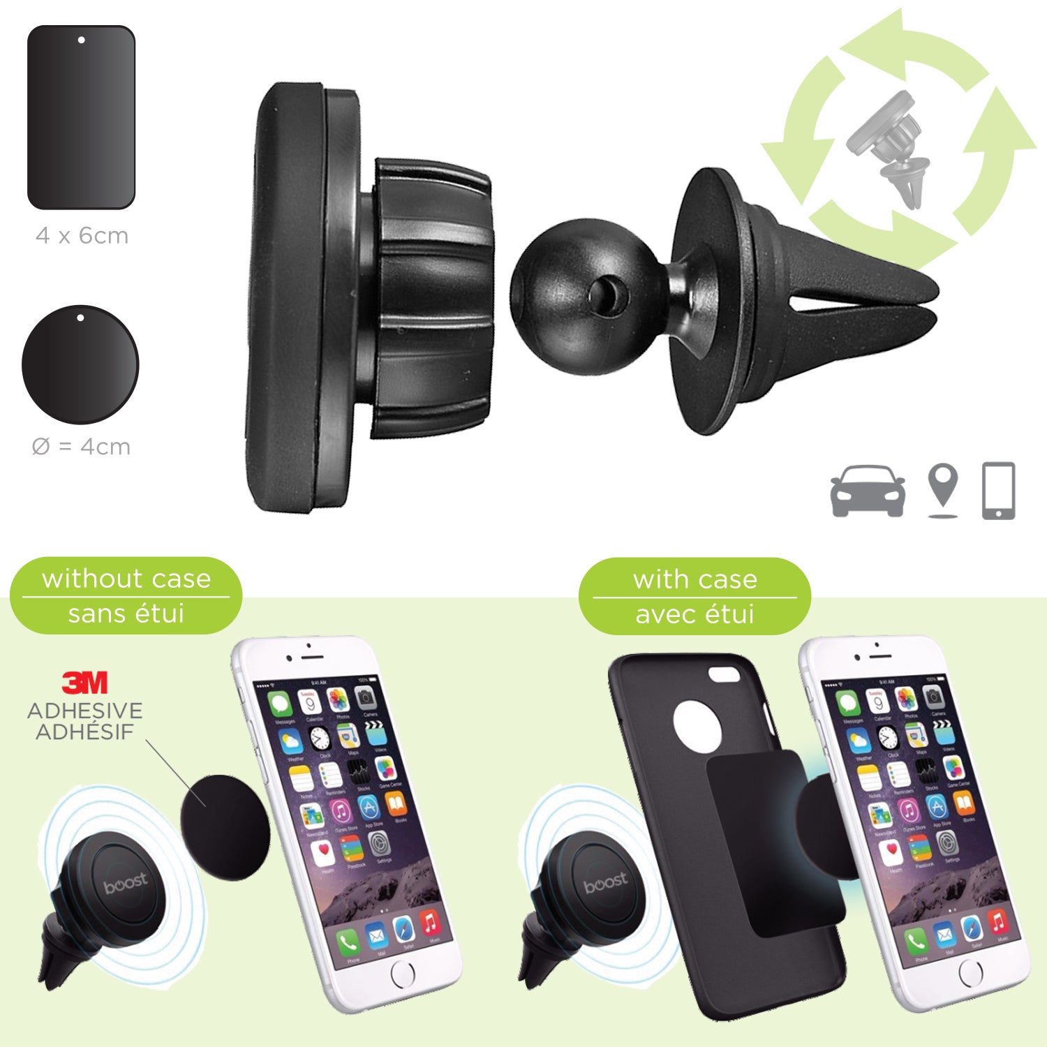 Boost Support Magnétique de Téléphone pour Grille d'Aération d'Auto, Rotation 360°, Noir - Simple Boutique