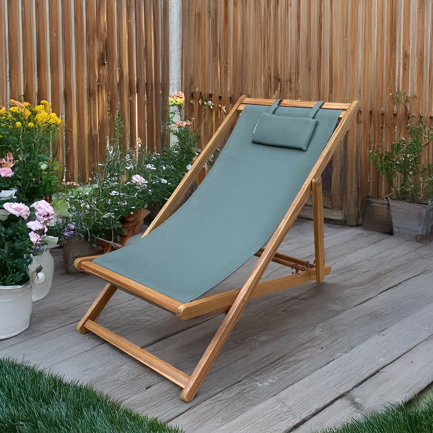 Chaise Transat Pliable, Cadre en Bois et Housse Matelassé, Bleu - Simple Boutique