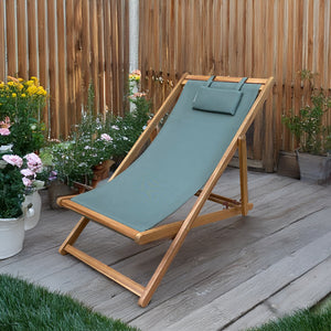 Chaise Transat Pliable, Cadre en Bois et Housse Matelassé, Bleu - Simple Boutique