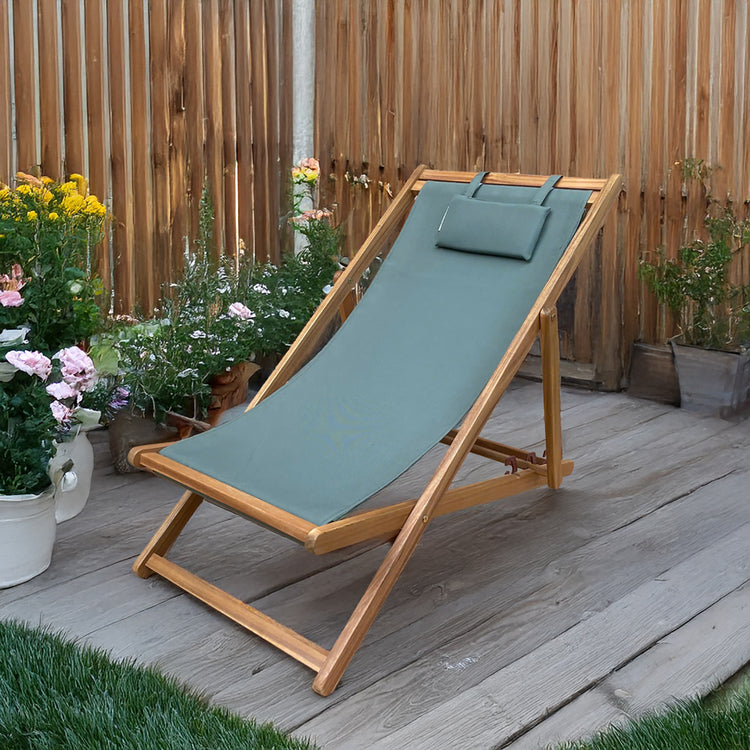 Chaise Transat Pliable, Cadre en Bois et Housse Matelassé, Bleu - Simple Boutique