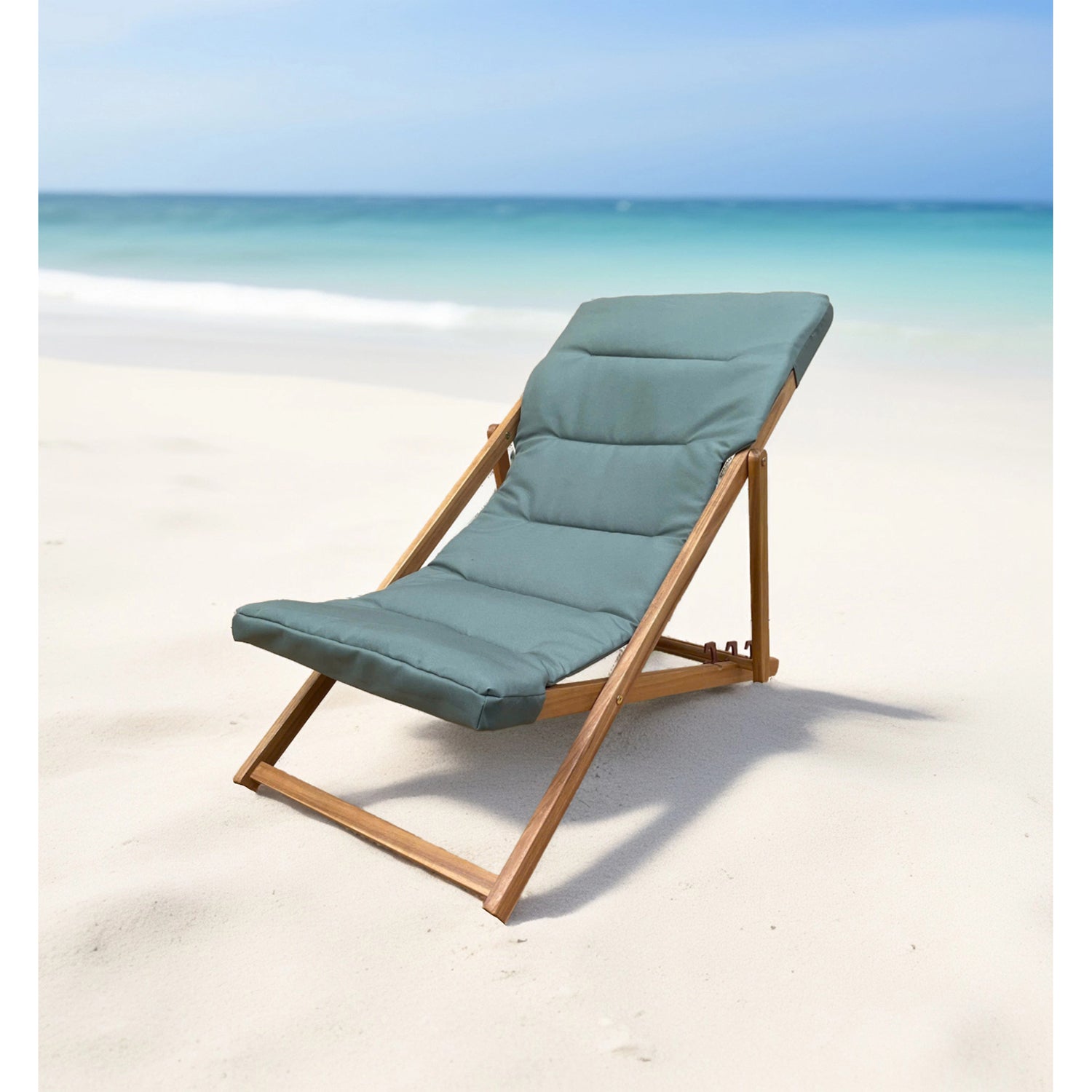 Chaise Transat Pliable, Cadre en Bois et Housse Matelassé, Bleu - Simple Boutique