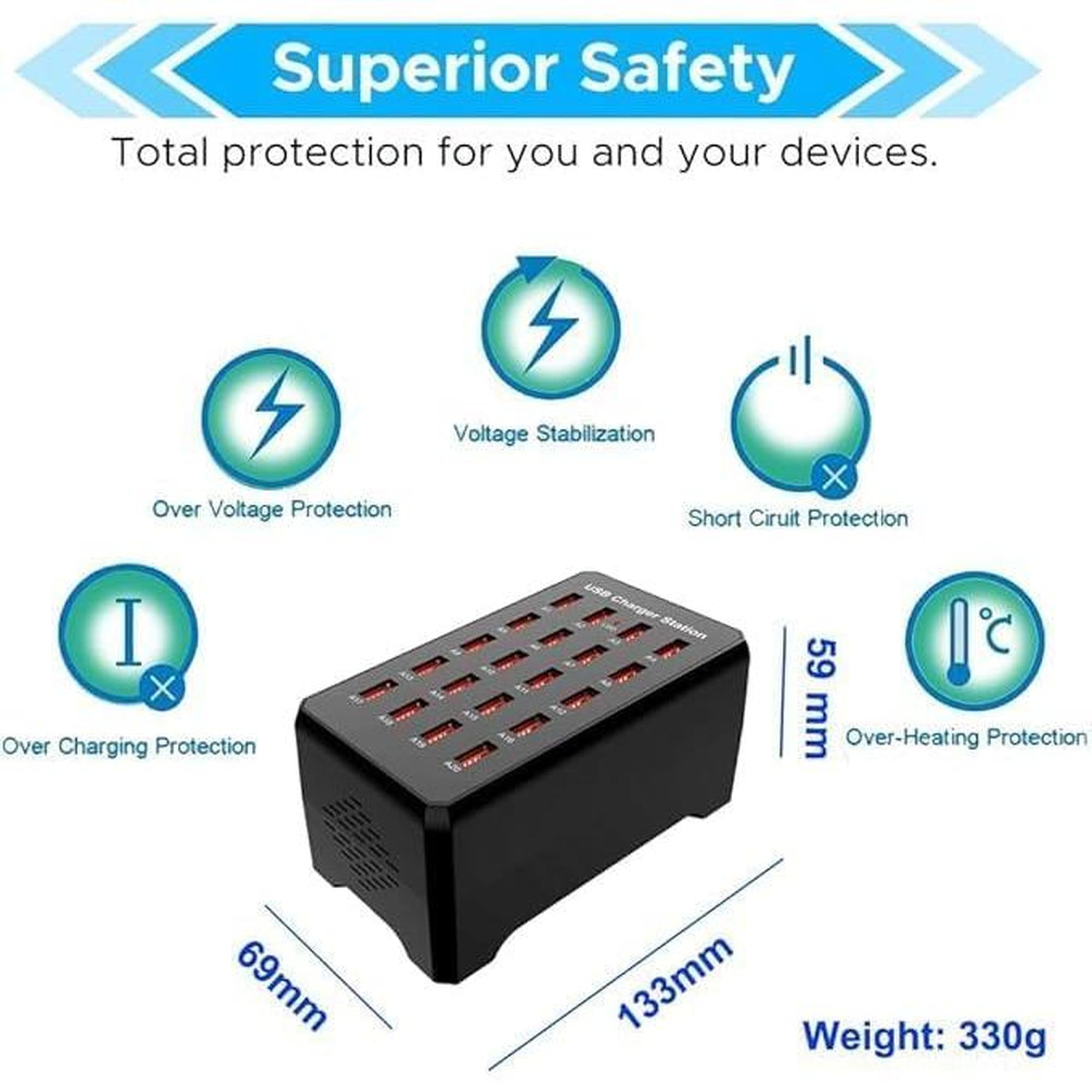 Chargeur USB 20 ports intelligent – Station de recharge multi-appareils compacte pour téléphones et tablettes - Simple Boutique