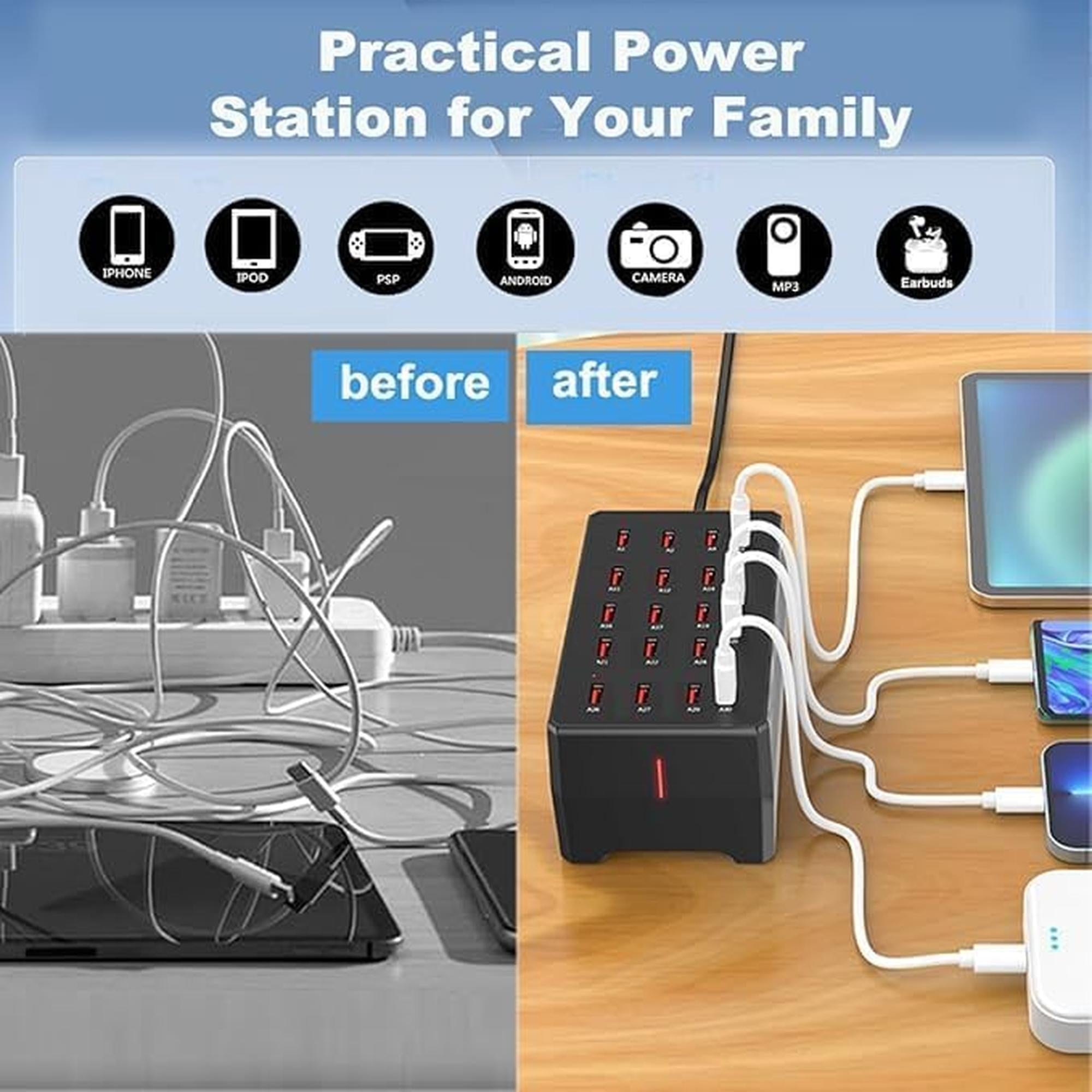 Chargeur USB 20 ports intelligent – Station de recharge multi-appareils compacte pour téléphones et tablettes - Simple Boutique