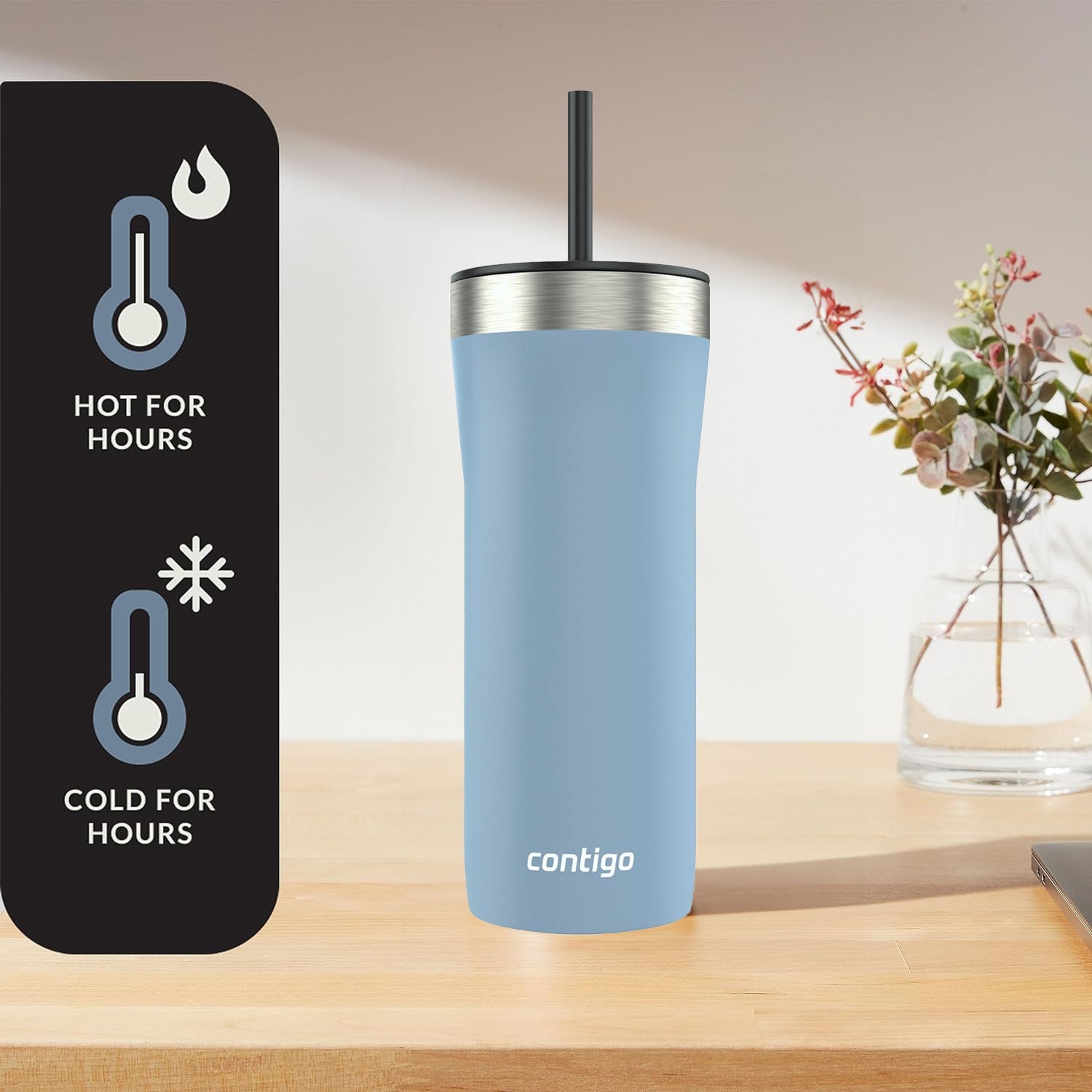 Contigo - Gobelet en Acier Inoxydable Isolé avec Couvercle Anti-fuite et Paille, Capacité de 946ml, Bleu - Simple Boutique