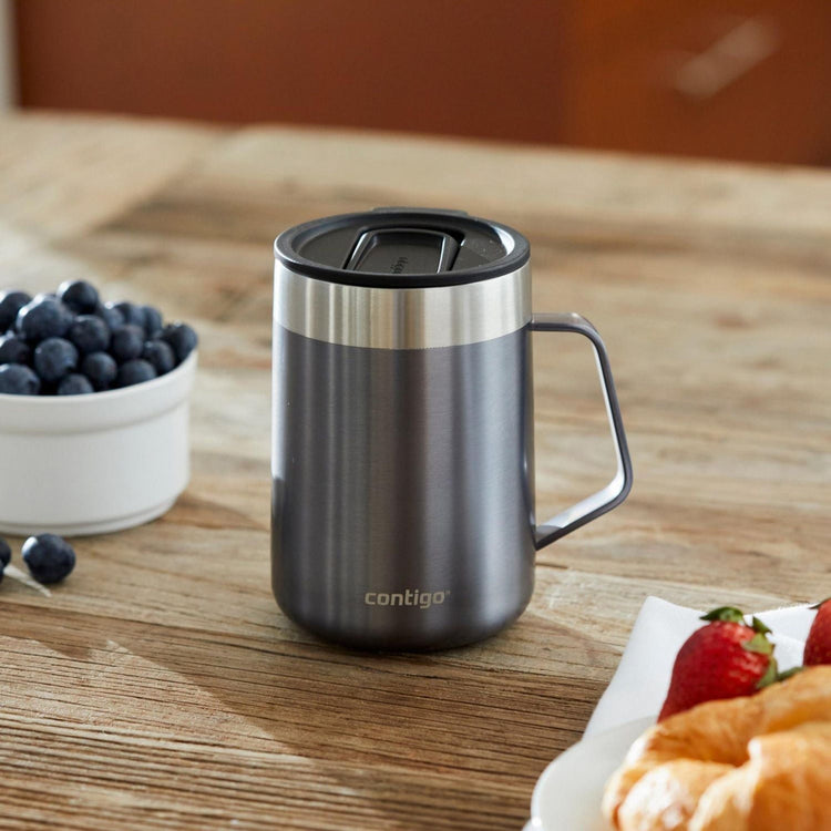 Contigo - Tasse de Voyage avec Anse Streetervlle en Acier Inoxydable avec Couvercle Coulissant, Isotherme, Capacité de 14oz / 414ml, Gris Saké - Simple Boutique