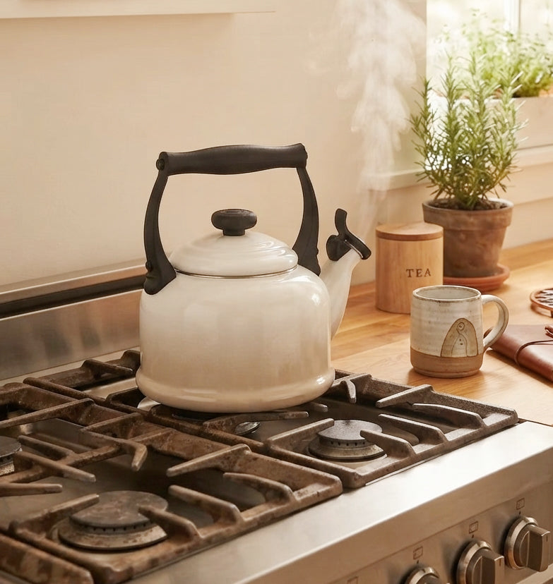 Cook & Fresca Bouilloire sifflante en acier au carbone émaillé - Blanc, 2,5 L - Simple Boutique