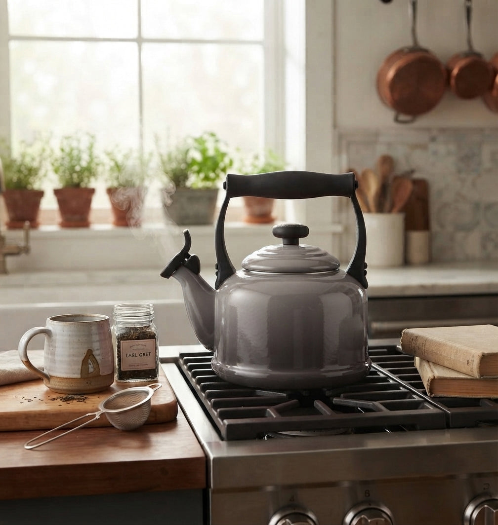 Cook & Fresca Bouilloire sifflante en acier au carbone émaillé - Gris Huître, 2,5 L - Simple Boutique