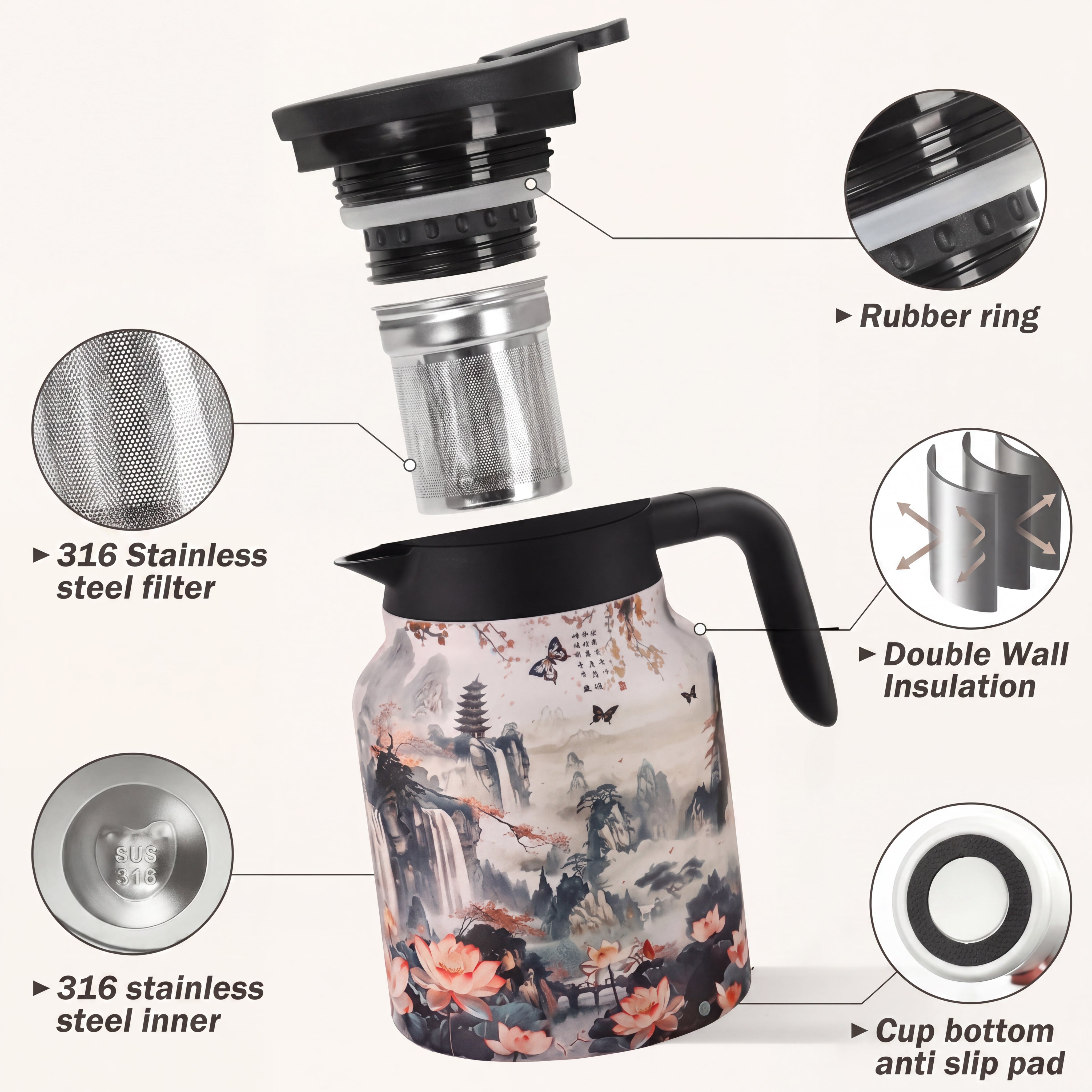 Cook & Fresca Bouteille isotherme à thé avec infuseur motif floral vintage - Modèle 1, 1,5 L - Simple Boutique